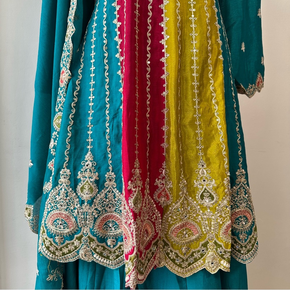Teal Anarkali Palazzo Set w/ Dupatta | Embroidered Zari Ethnic - Picture 12 of 16